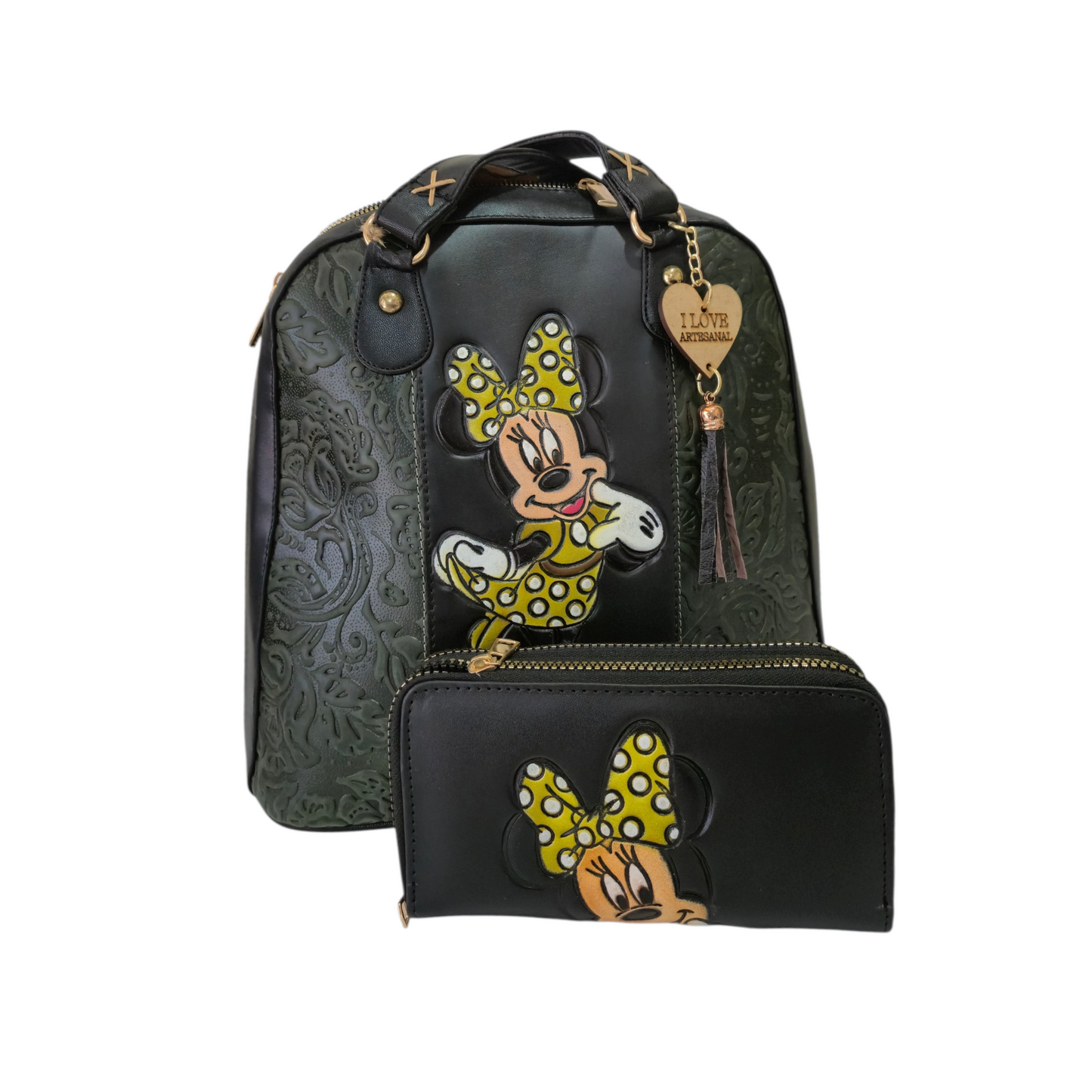 Black Backpack Bag with Artistic Butterfly + Matching Wallet