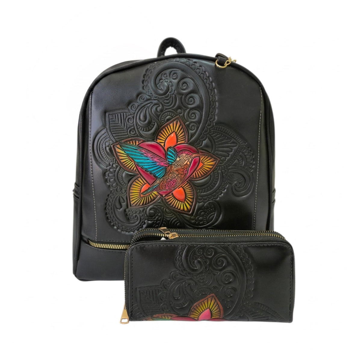 Mochila Artesanal Negra con Colibrí en Relieve y Cartera Incluida m
