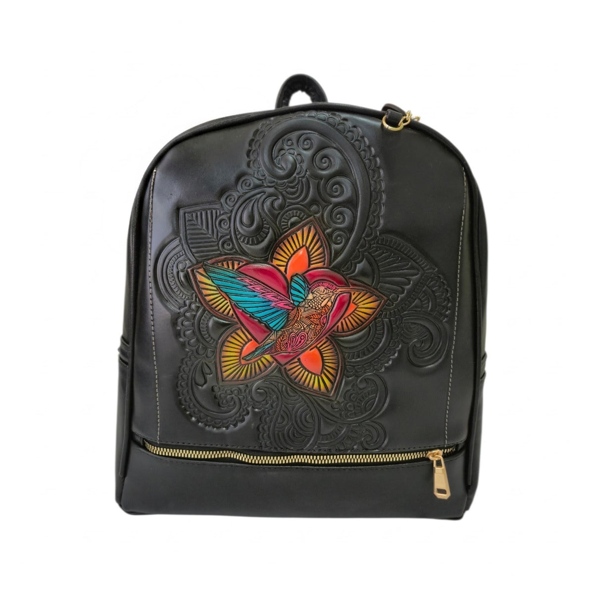 Mochila Artesanal Negra con Colibrí en Relieve y Cartera Incluida m