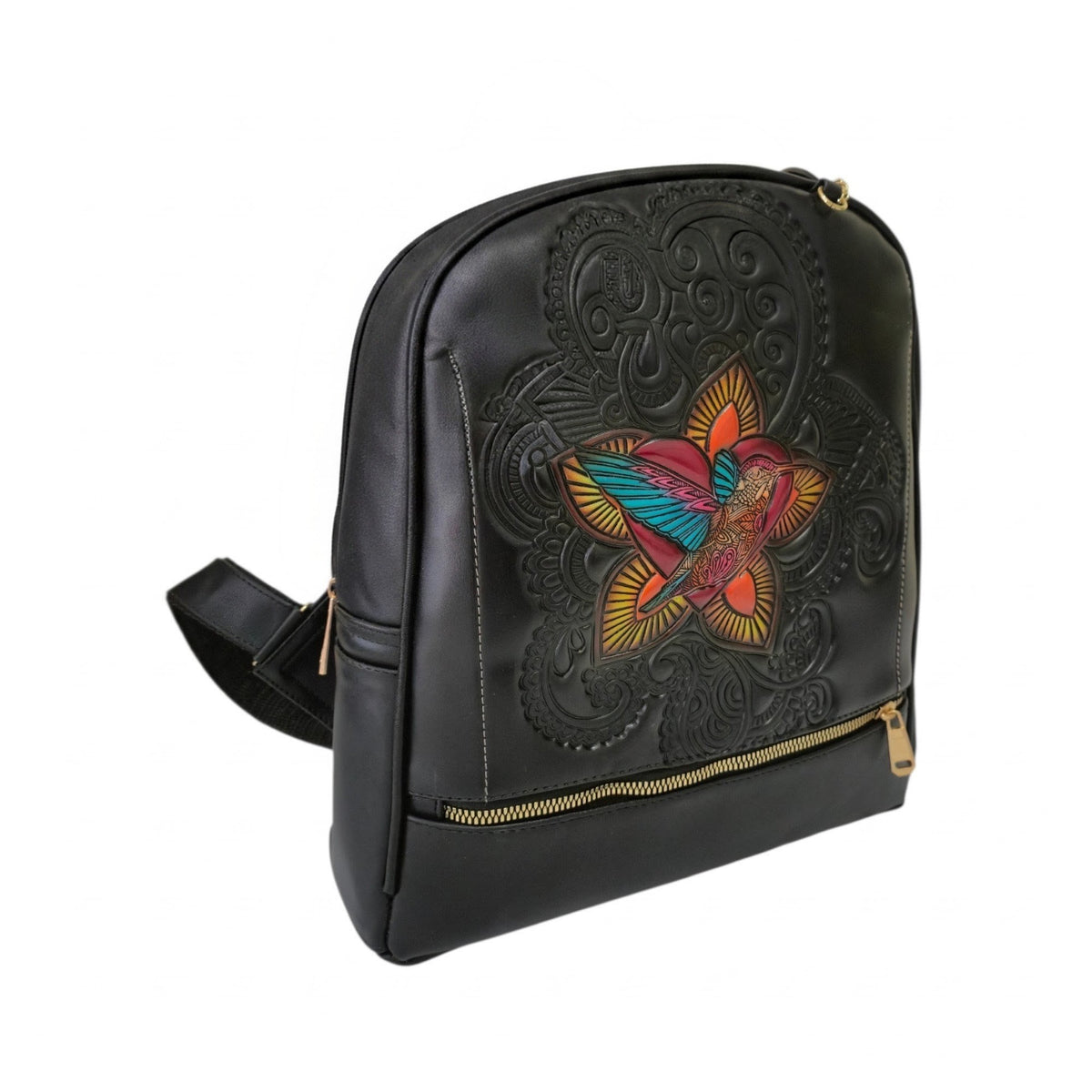 Mochila Artesanal Negra con Colibrí en Relieve y Cartera Incluida m
