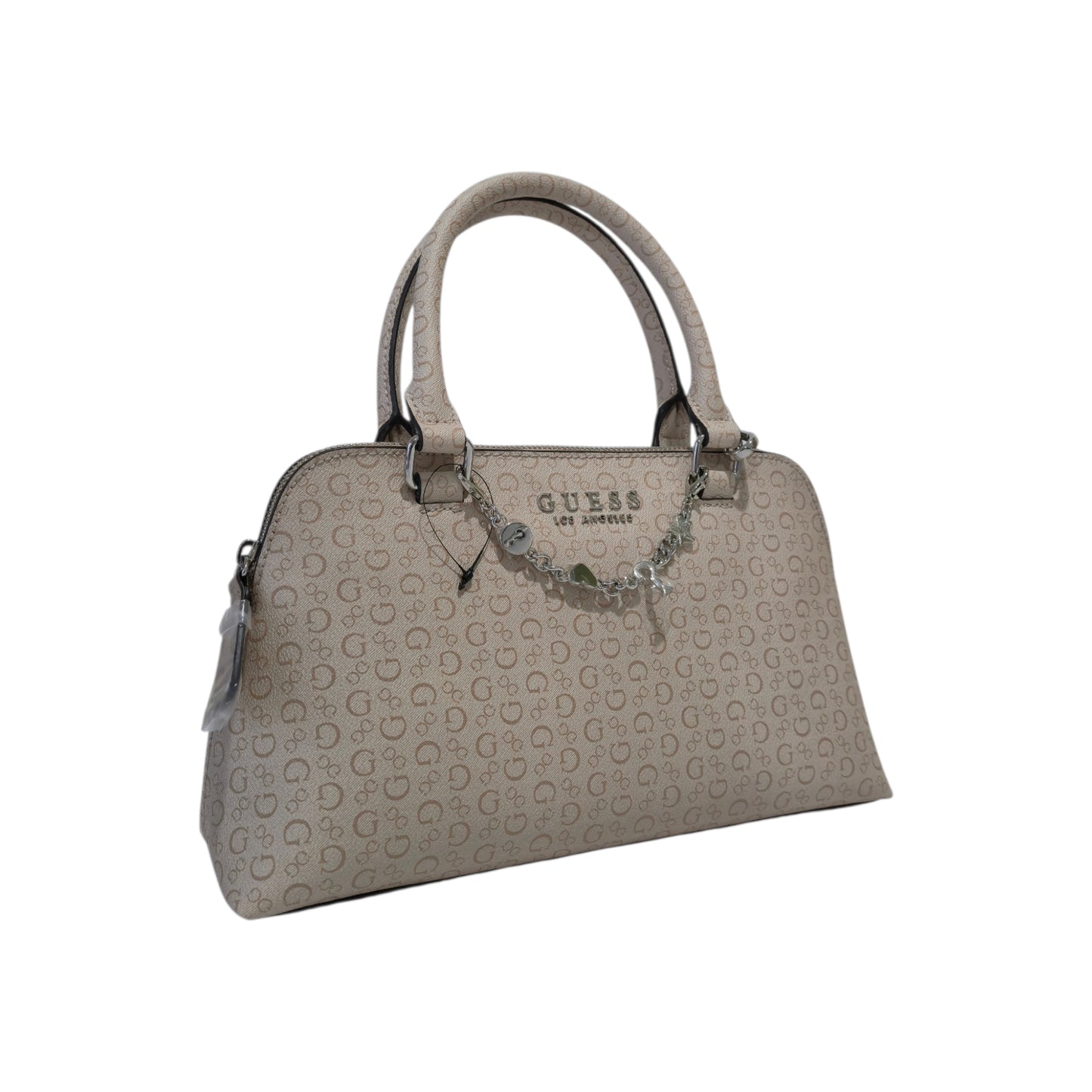 Bolsa Guess Beige Monograma Crossbody con Charm Decorativo