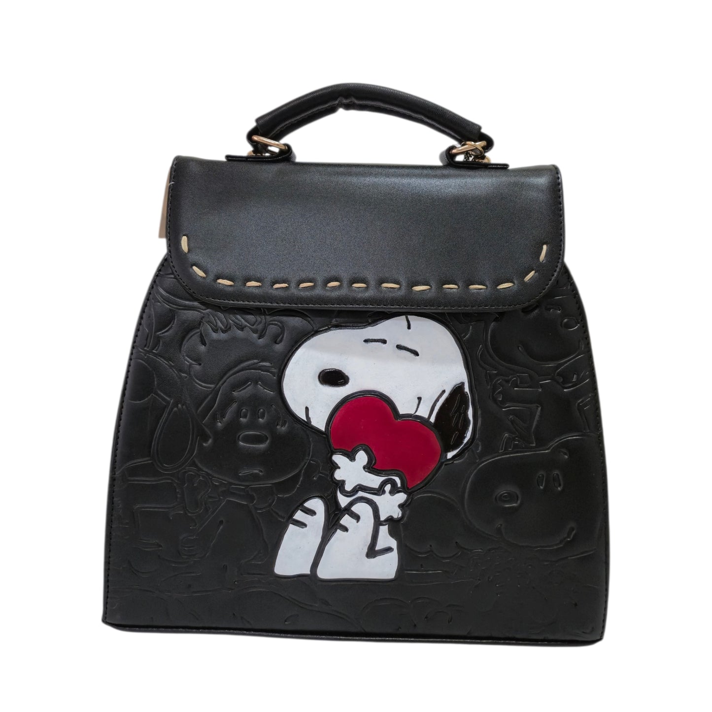 Bolsa Mochila Artesanal Snoopy Negra para Mujer con Correa Ajustable