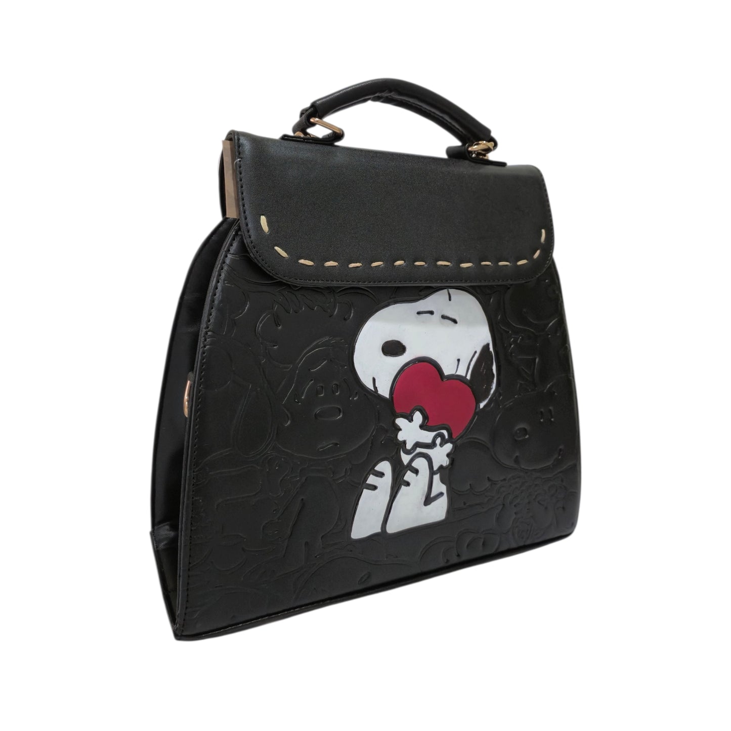 Bolsa Mochila Artesanal Snoopy Negra para Mujer con Correa Ajustable