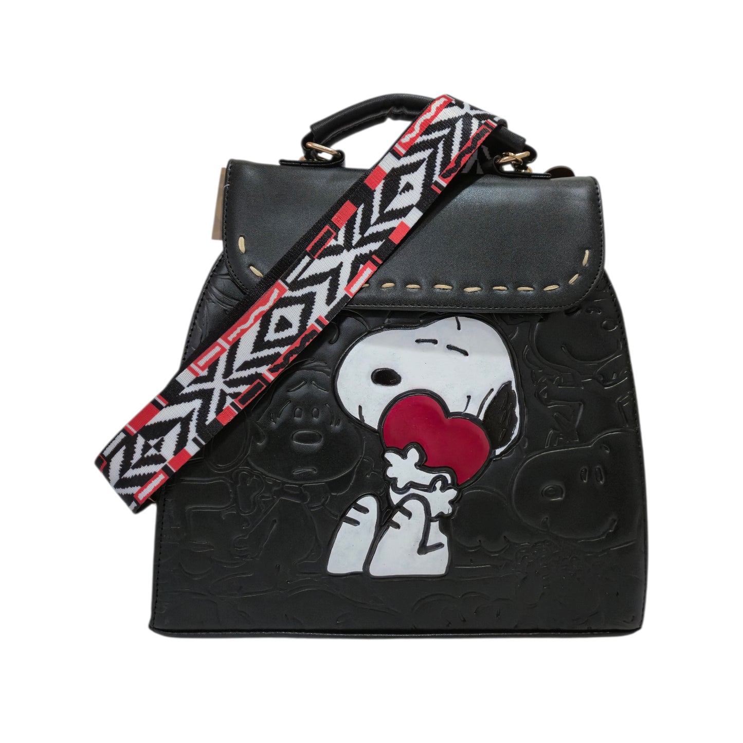 Bolsa Mochila Artesanal Snoopy Negra para Mujer con Correa Ajustable