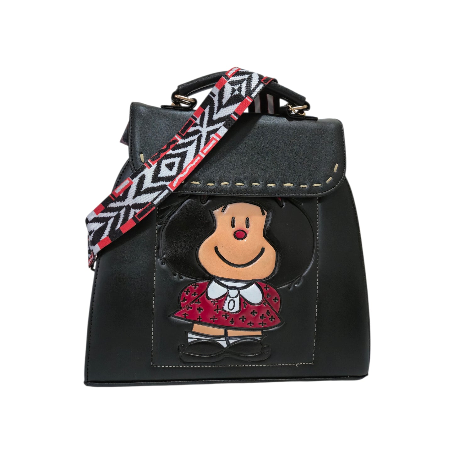 Black handbag with embossed design includes cosmetic bag