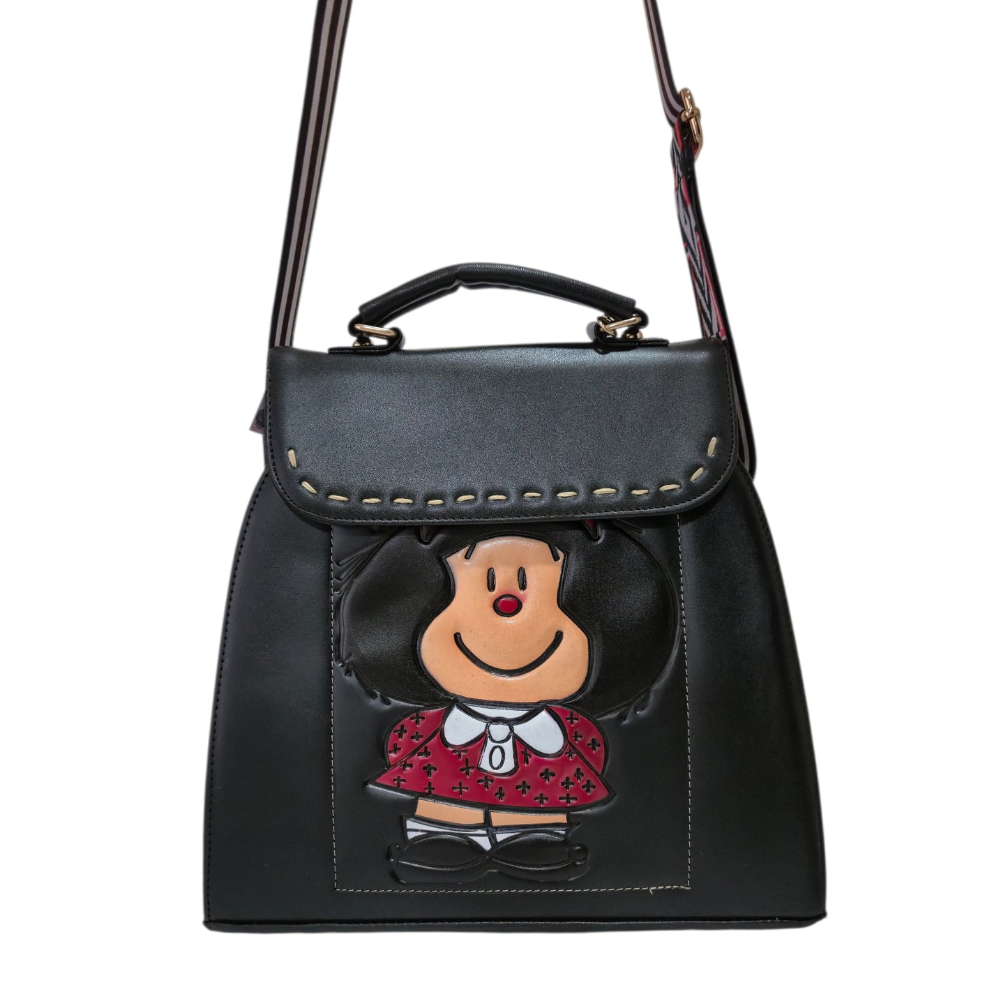 Black handbag with embossed design includes cosmetic bag