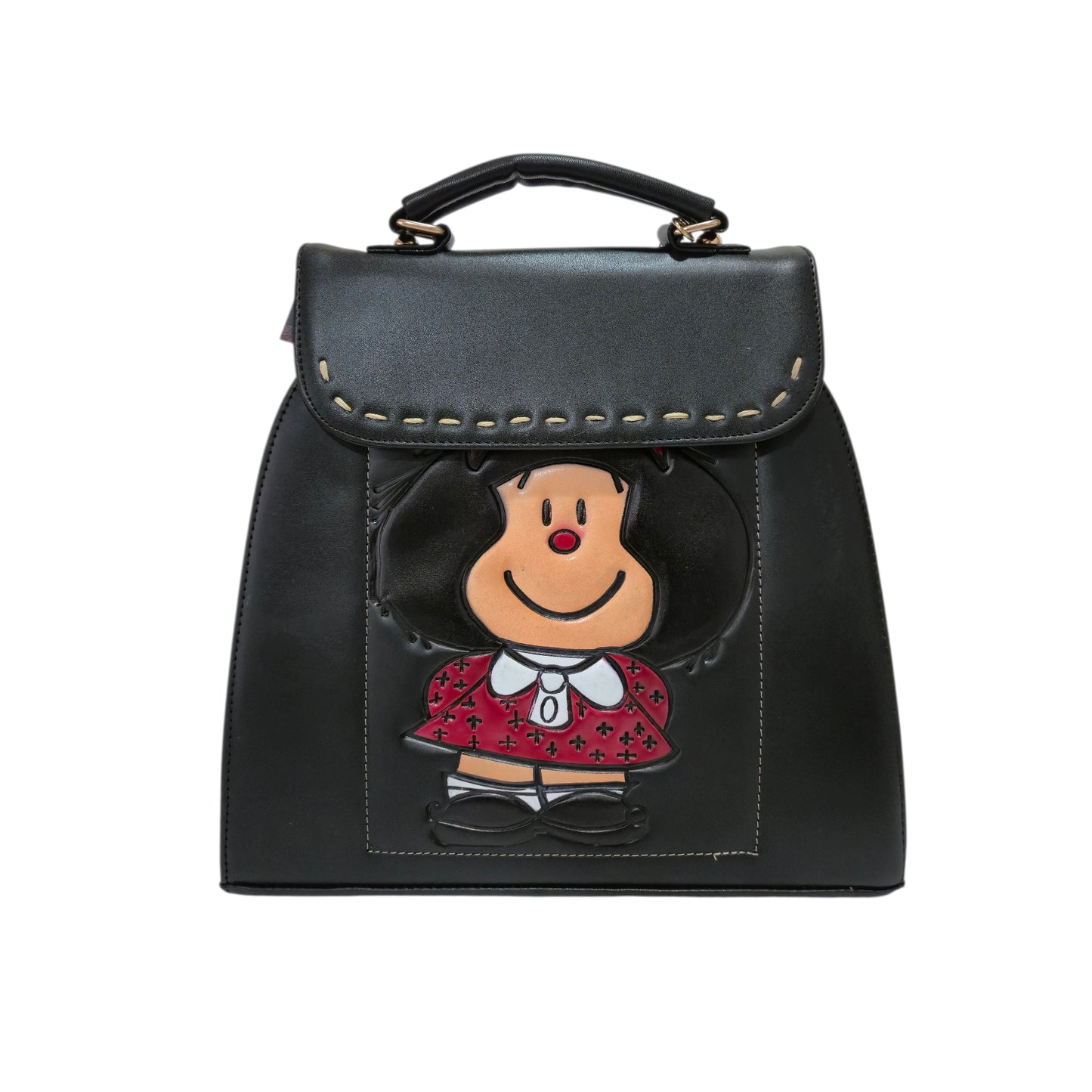 Black handbag with embossed design includes cosmetic bag