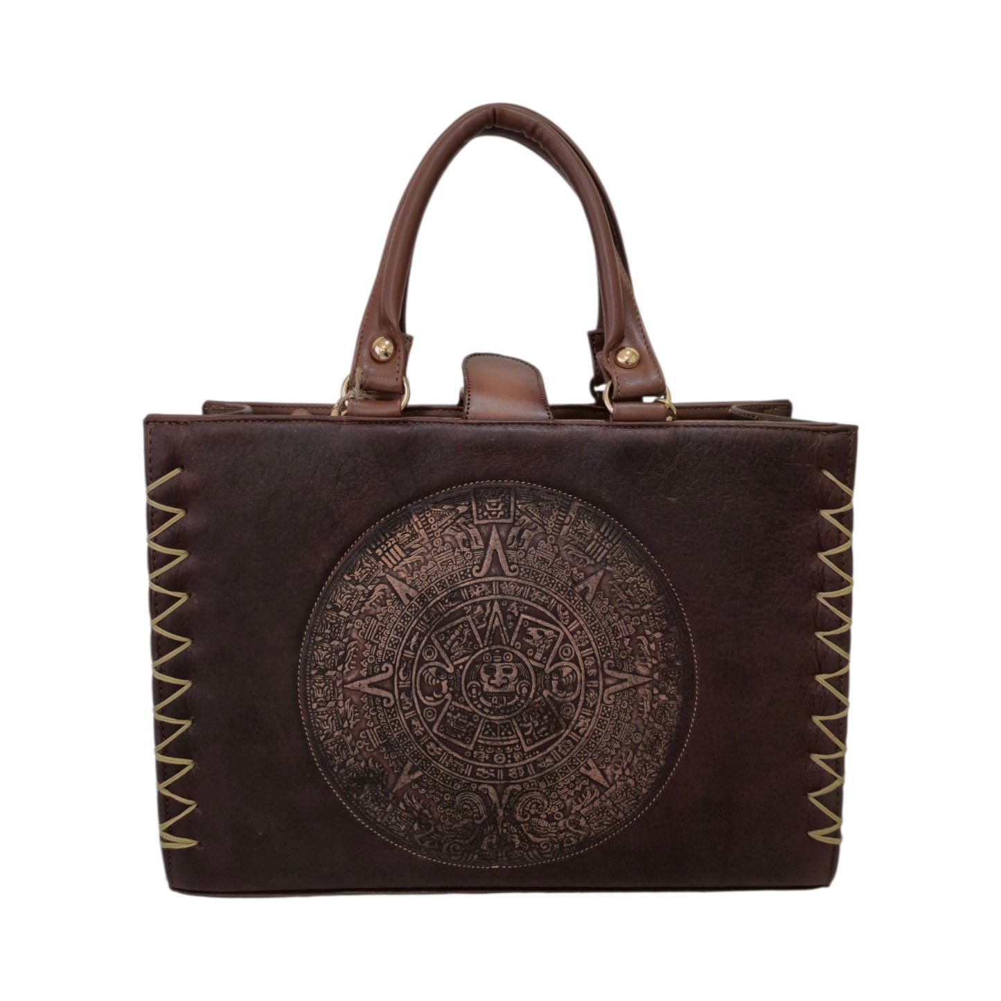 Bolsa Tote Artesanal Calendario Azteca Café Oscuro con Cosmetiquera