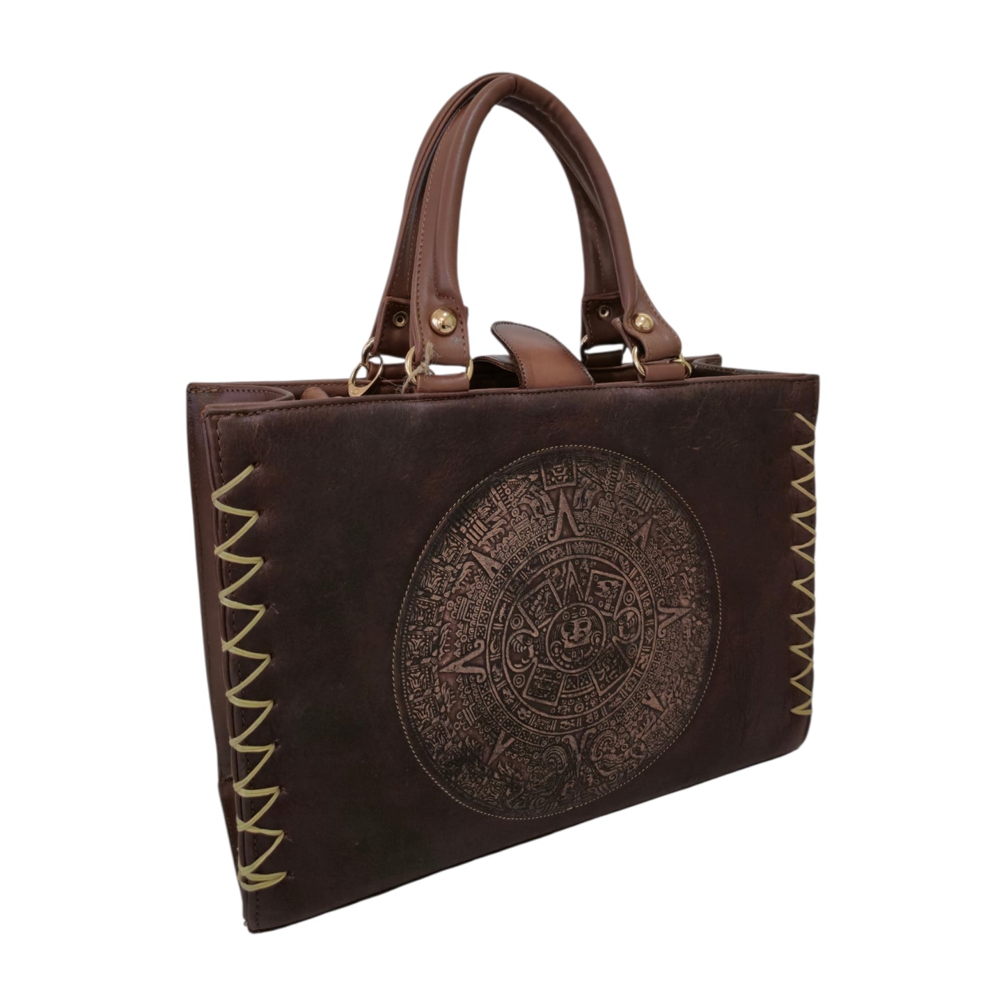 Bolsa Tote Artesanal Calendario Azteca Café Oscuro con Cosmetiquera