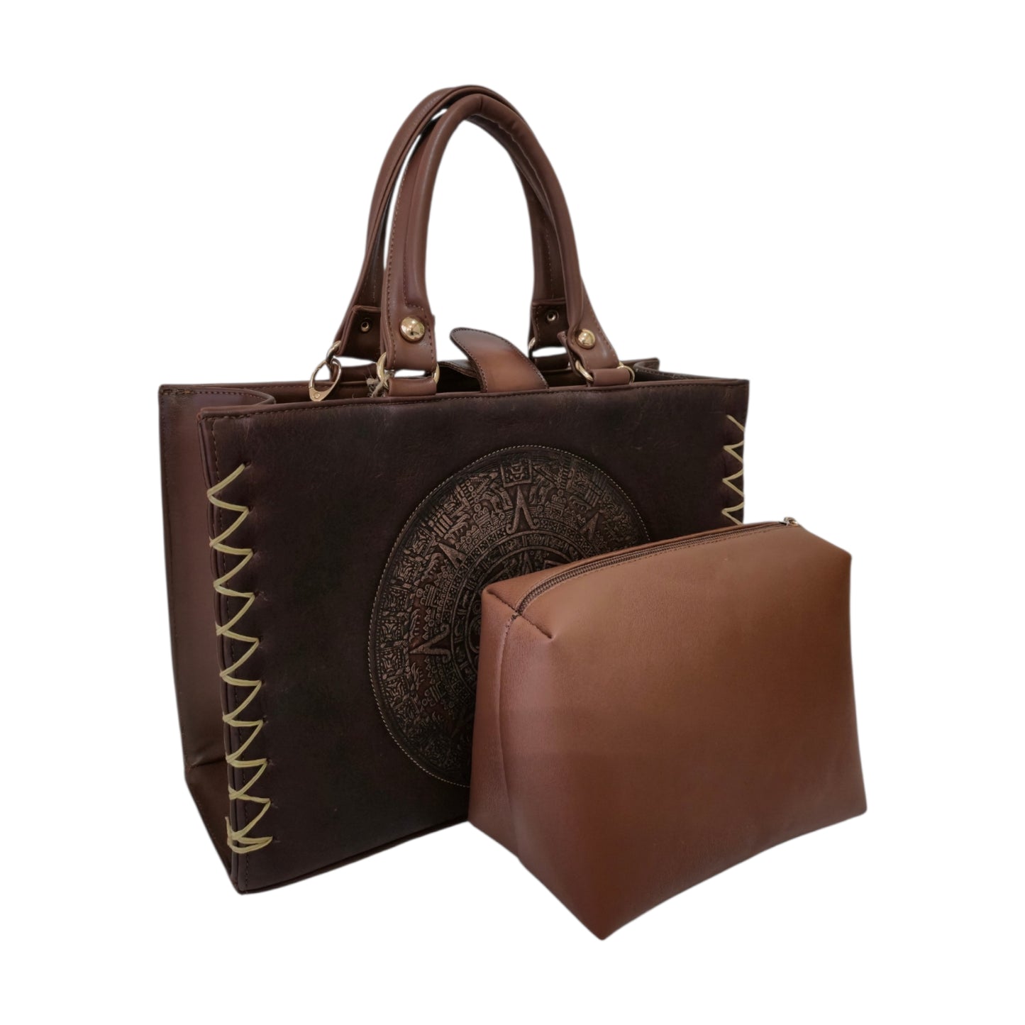 Bolsa Tote Artesanal Calendario Azteca Café Oscuro con Cosmetiquera