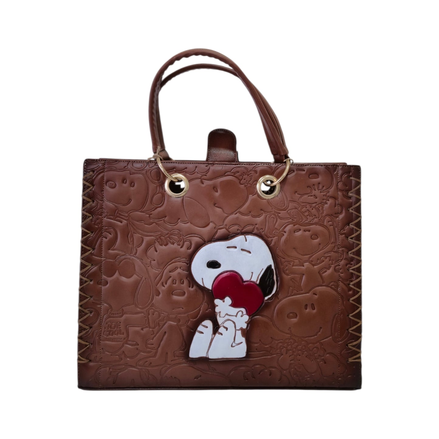 Handmade leather bag with cute character and red heart engraving – Handmade leather tote bag
