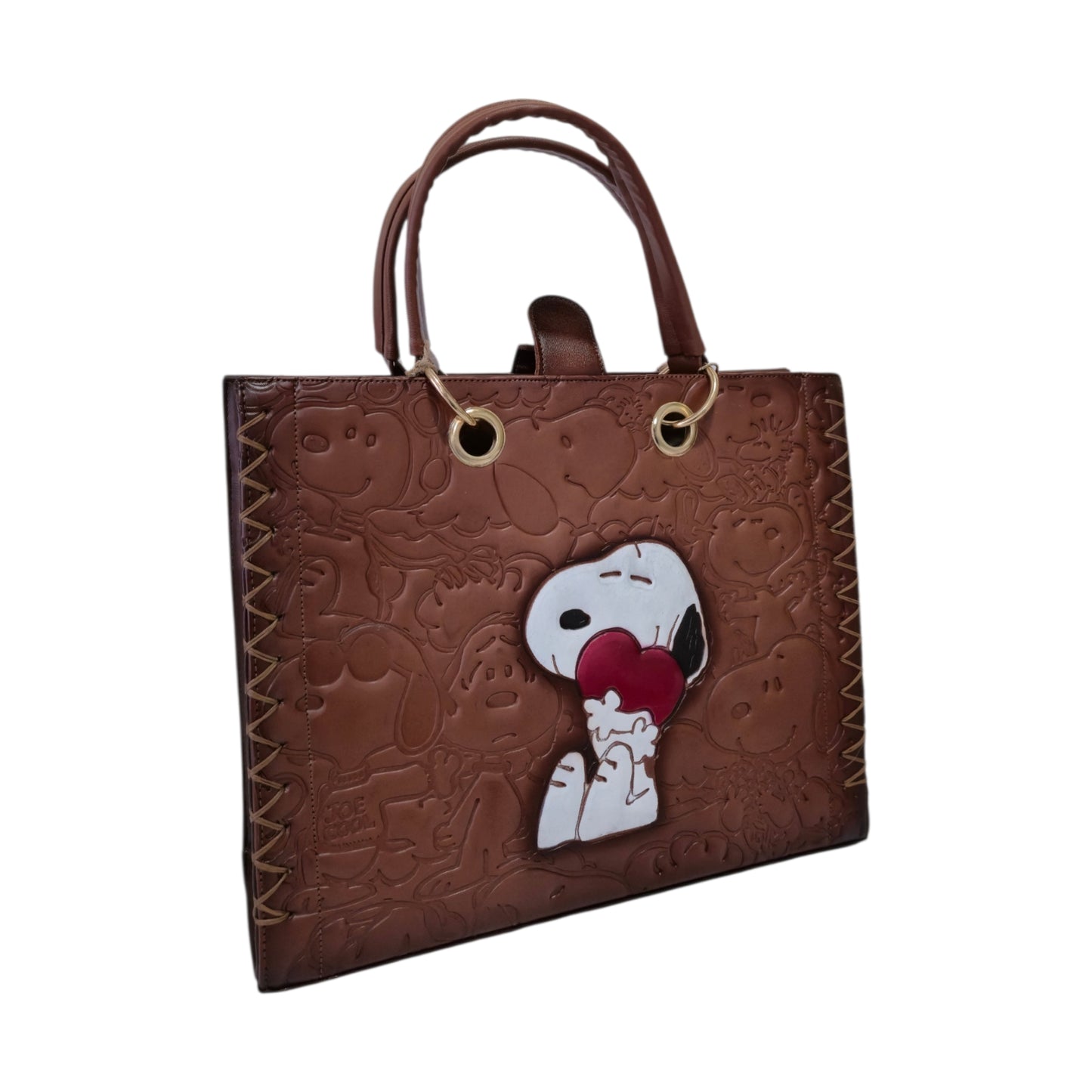 Handmade leather bag with cute character and red heart engraving – Handmade leather tote bag