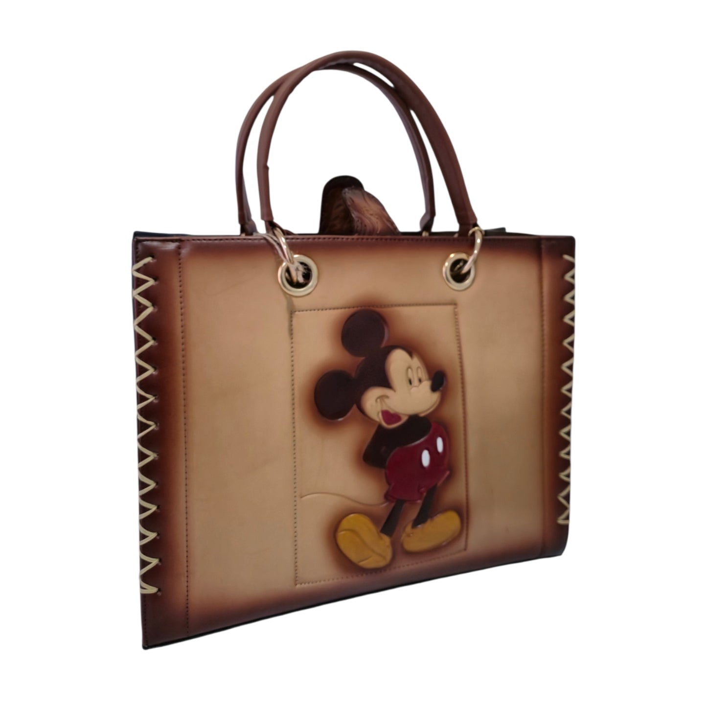 Bolsa Tote Artesanal Mickey Mouse Café Claro con Cosmetiquera