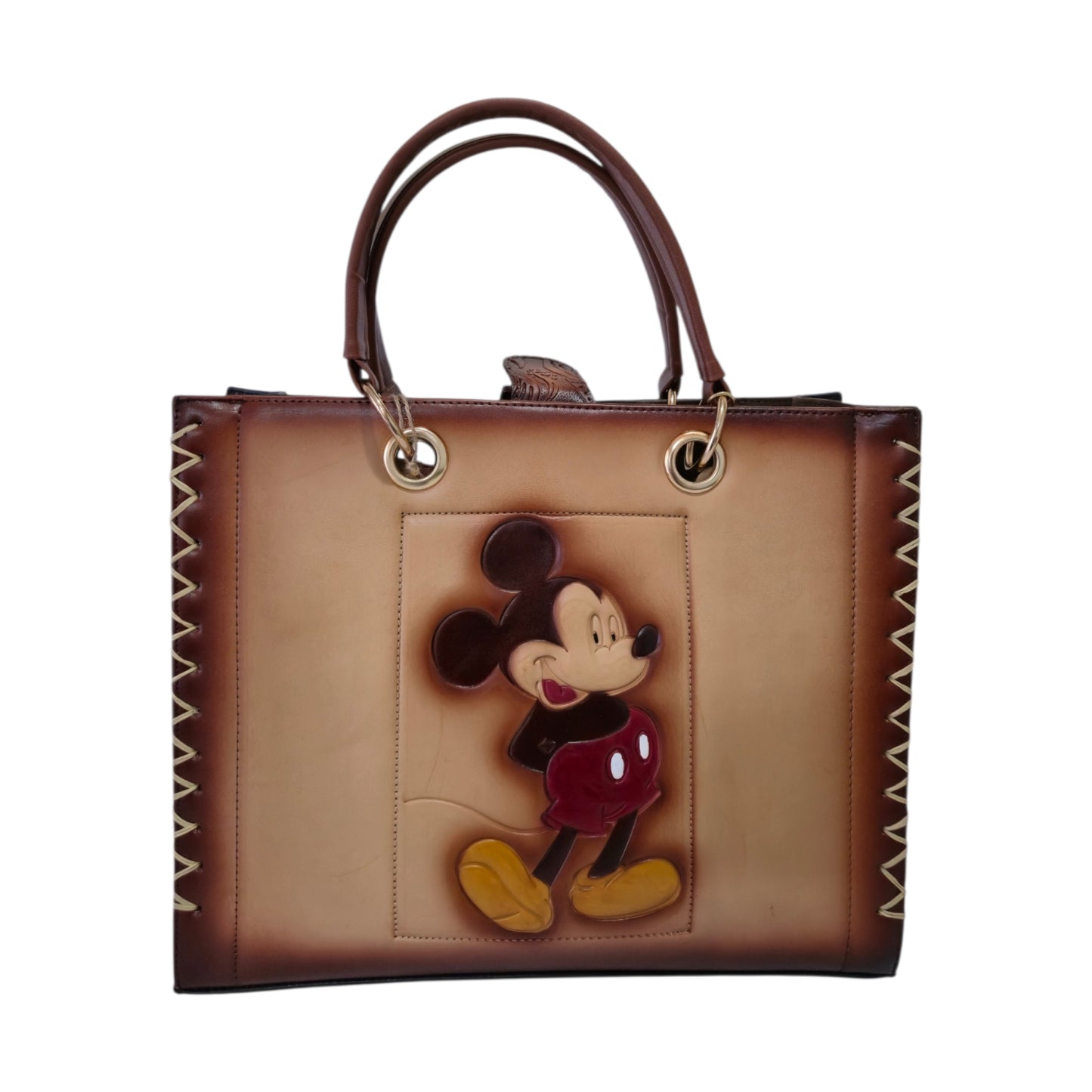 Bolsa Tote Artesanal Mickey Mouse Café Claro con Cosmetiquera