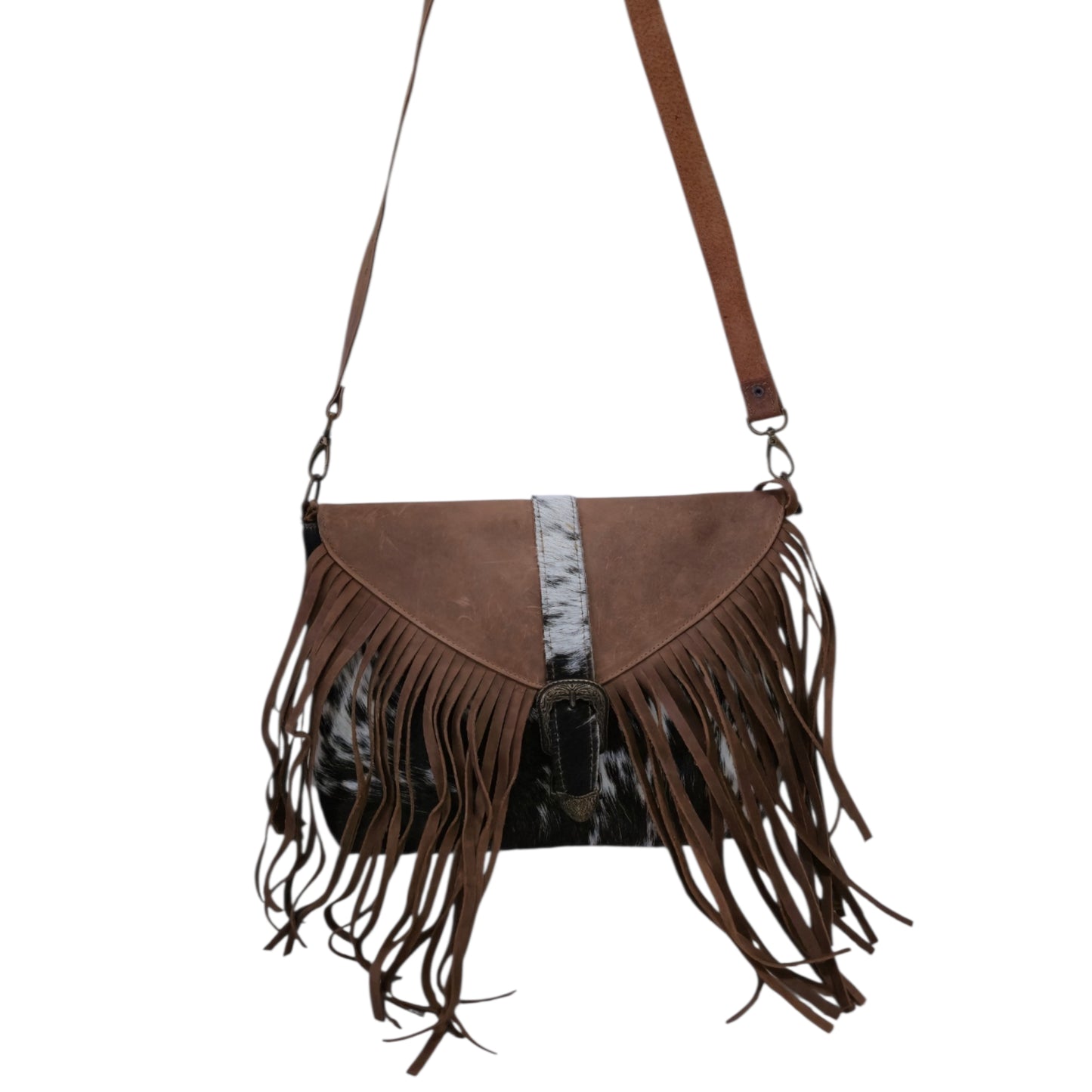 Handmade yellow backpack with natural fur and suede fringe