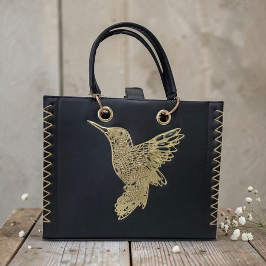 Bolsa Tote Negra Colibrí Dorado con Crossbody