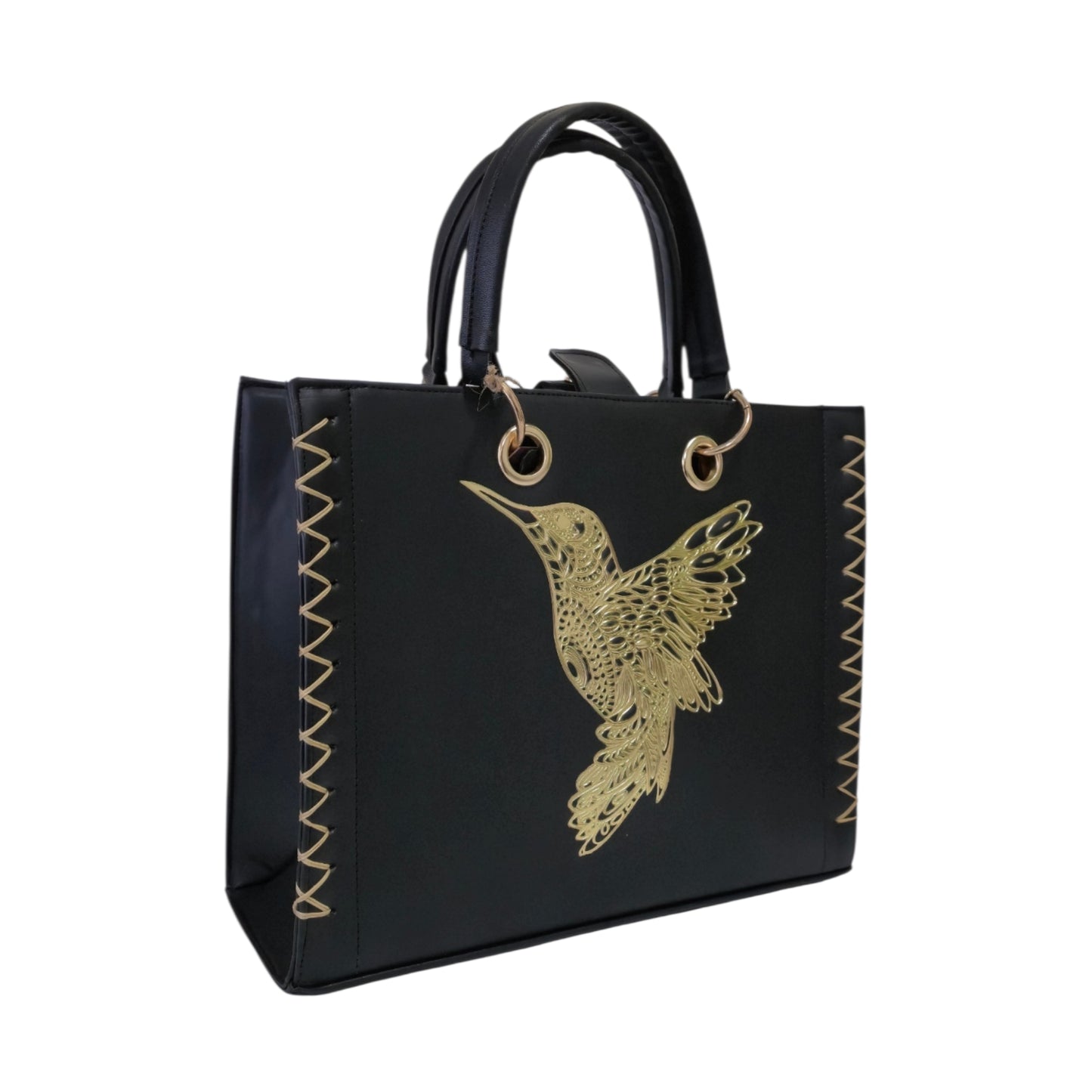 Bolsa Tote Negra Colibrí Dorado con Crossbody