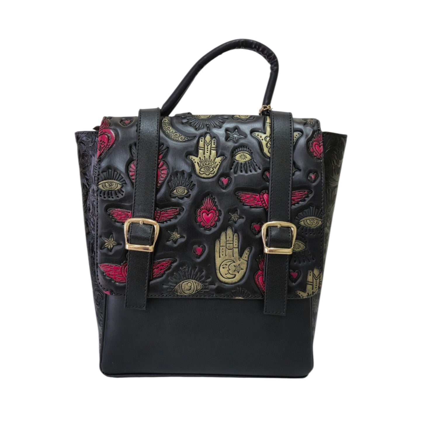Mochila Artesanal Negra para Mujer con Grabado Místico