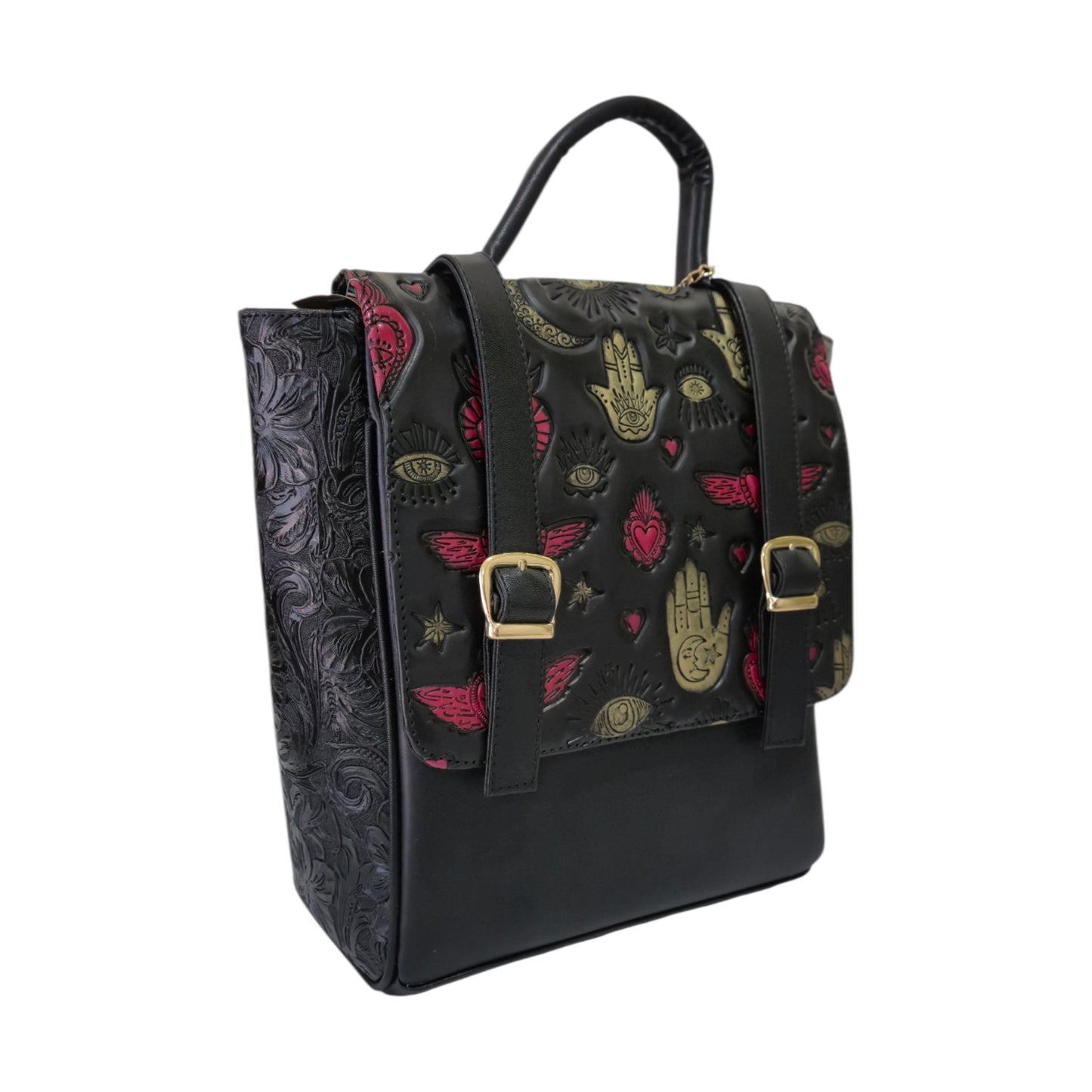 Mochila Artesanal Negra para Mujer con Grabado Místico
