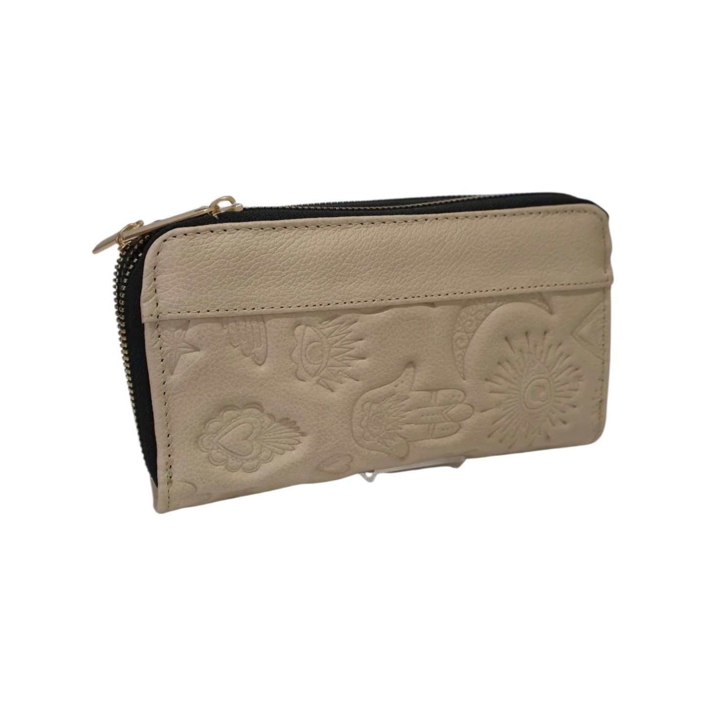 Billetera Artesanal Doble Cierre Beige con Grabado Místico