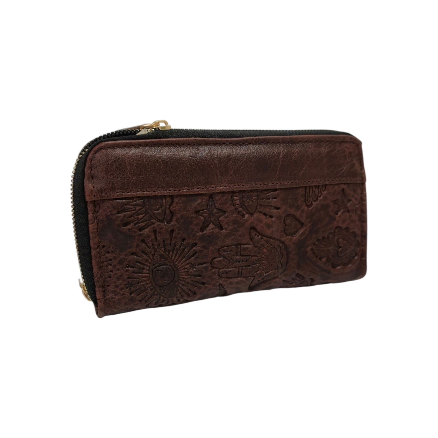 Handmade double-closure wallet with Aztec calendar design