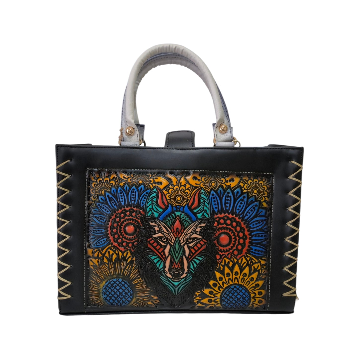 Black handbag with embossed design includes cosmetic bag