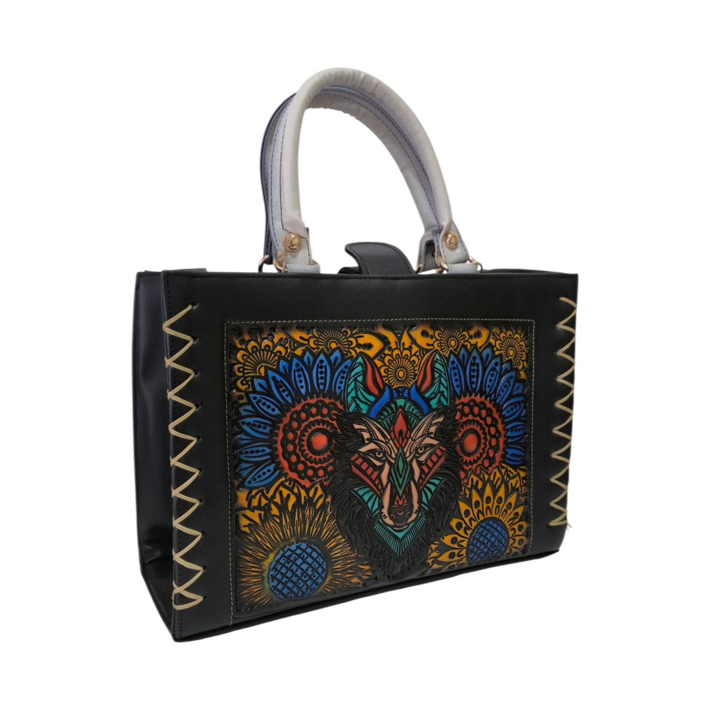 Black handbag with embossed design includes cosmetic bag