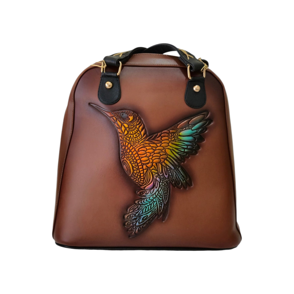 Bolsa Artesanal 2 en 1 Convertible en Mochila con Colibrí Multicolor en Relieve