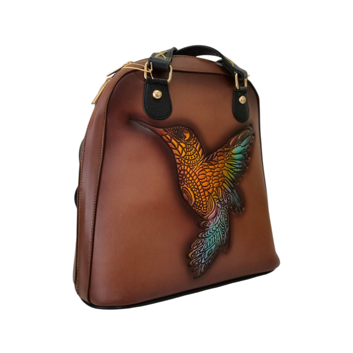 Bolsa Artesanal 2 en 1 Convertible en Mochila con Colibrí Multicolor en Relieve