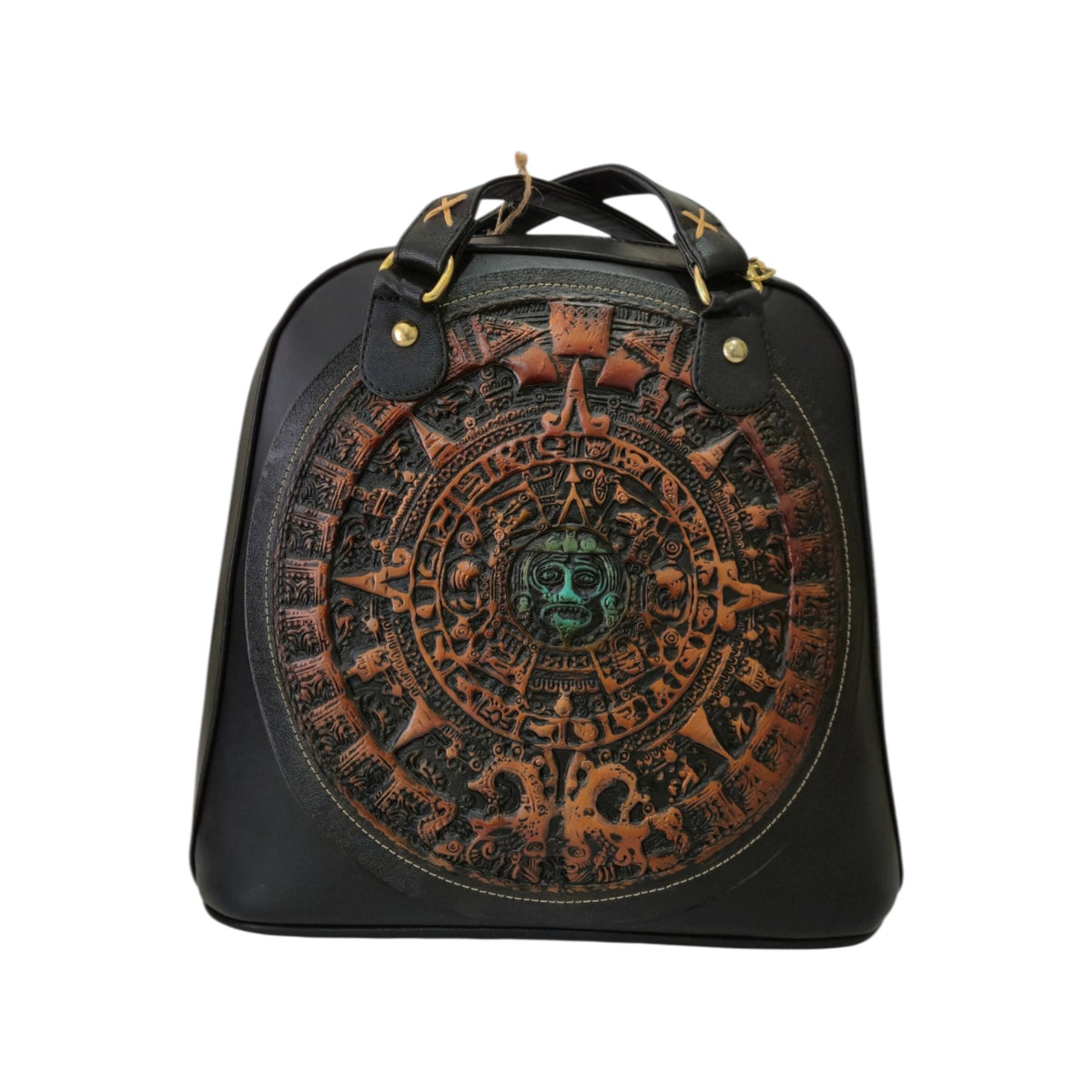 Bolsa Artesanal Negra con Calendario Azteca en Relieve