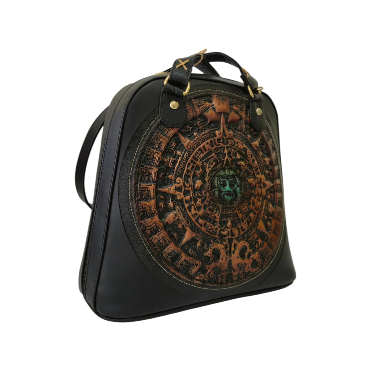 Bolsa Artesanal Negra con Calendario Azteca en Relieve