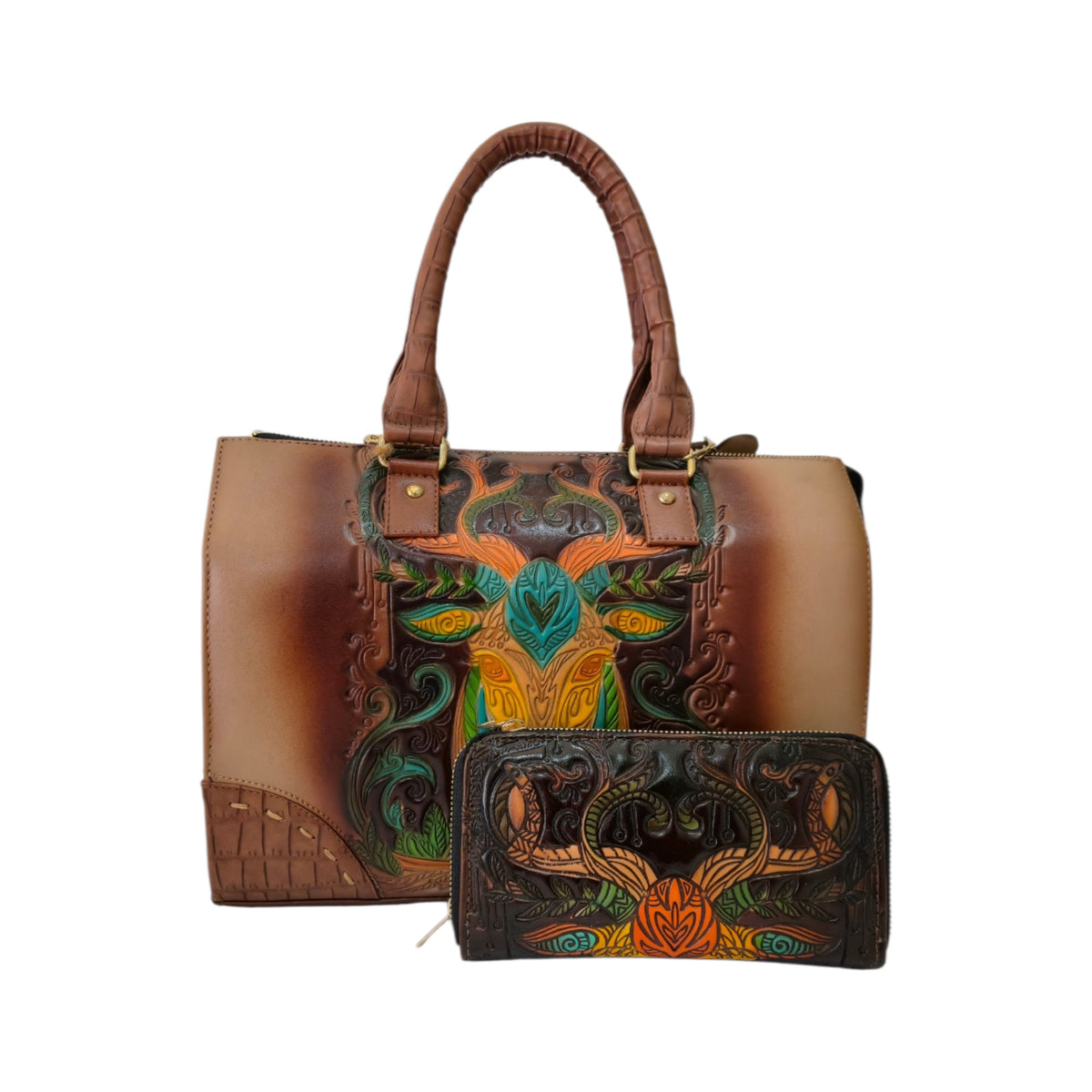 Bolsa Tote Artesanal Mexicana con Venado en Relieve y Cartera