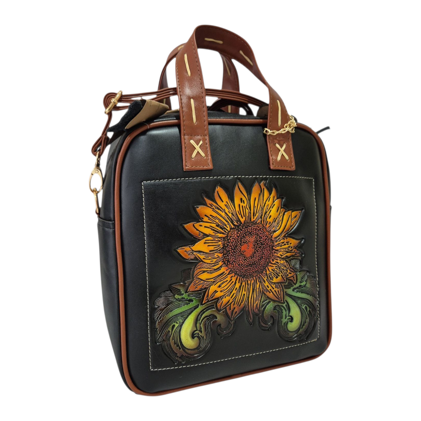 Bolsa y mochila artesanal de piel con diseño de girasol grabado a mano