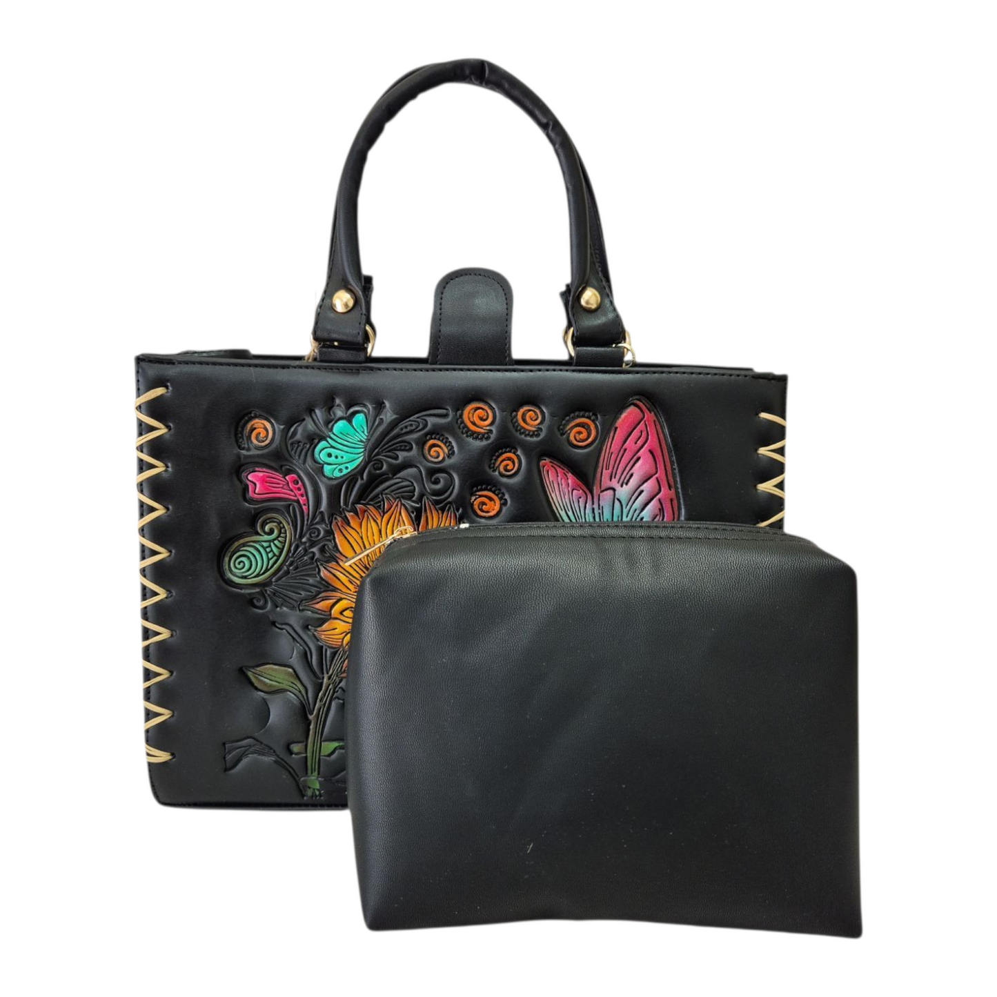 Bolso de Mano Artesanal con Girasoles y Mariposas