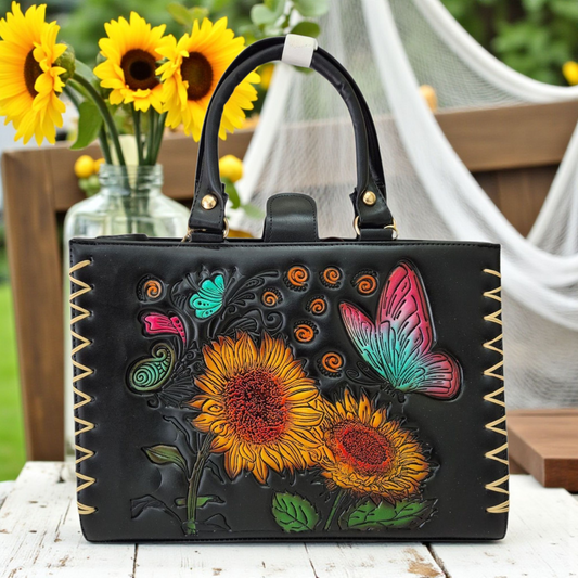 Bolso de Mano Artesanal con Girasoles y Mariposas