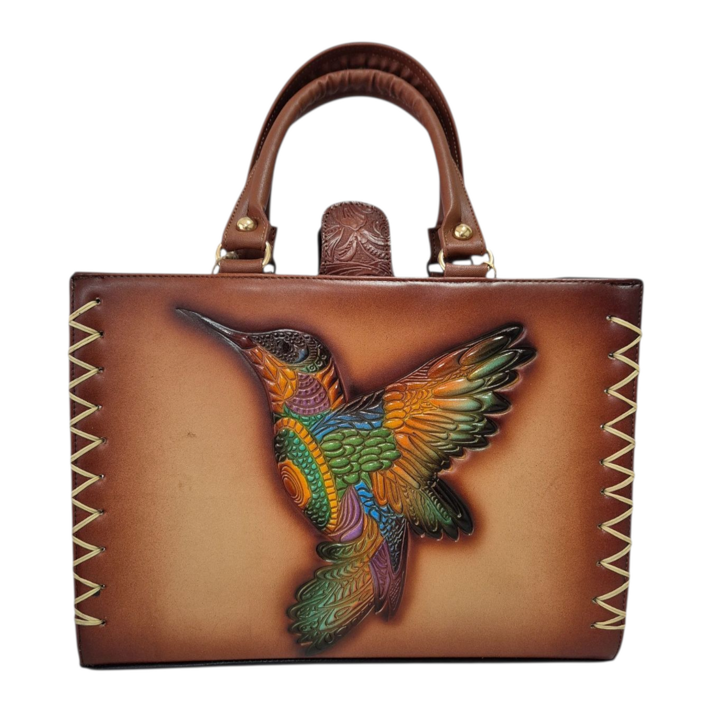 Bolsa artesanal de piel con diseño de colibrí multicolor grabado a mano