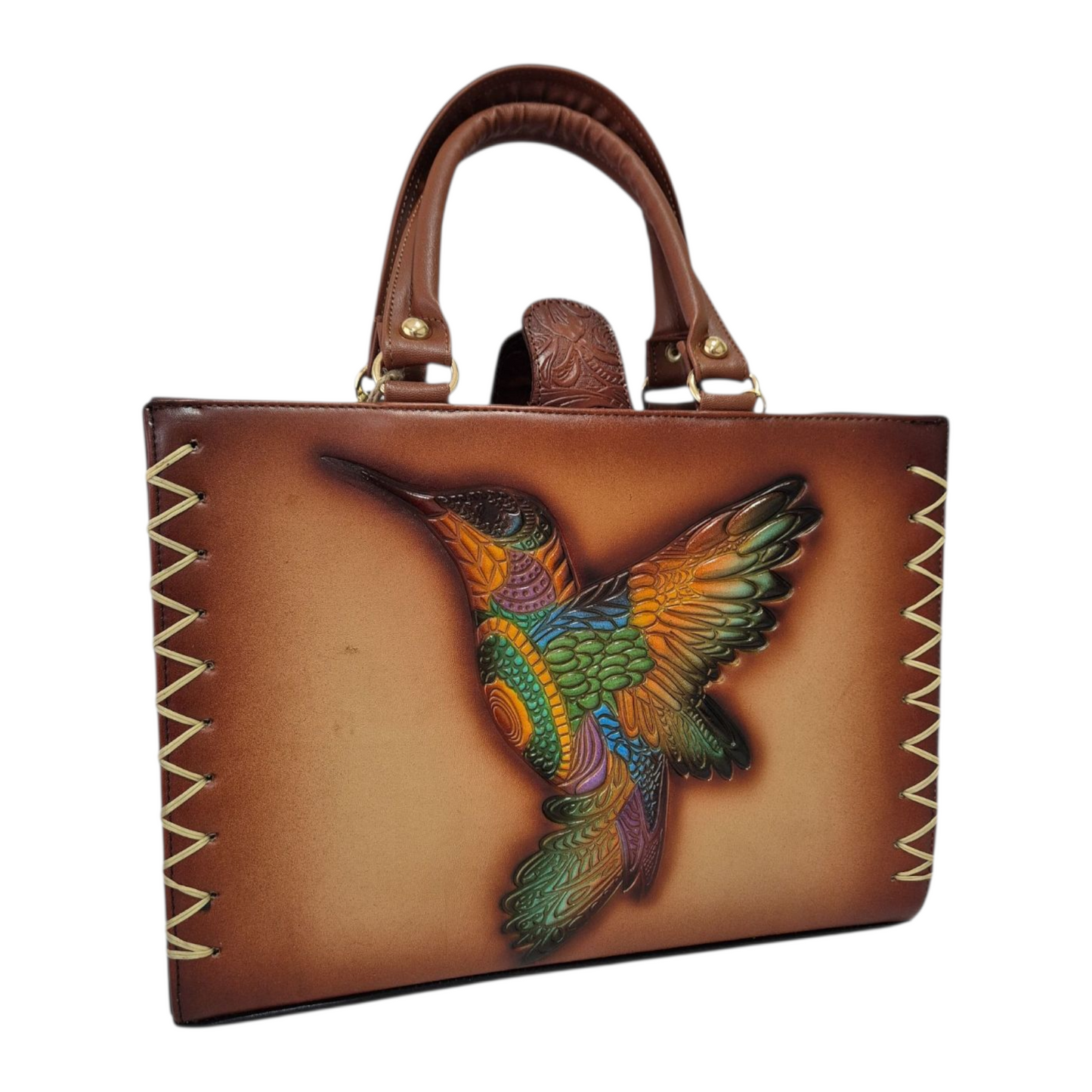 Bolsa artesanal de piel con diseño de colibrí multicolor grabado a mano