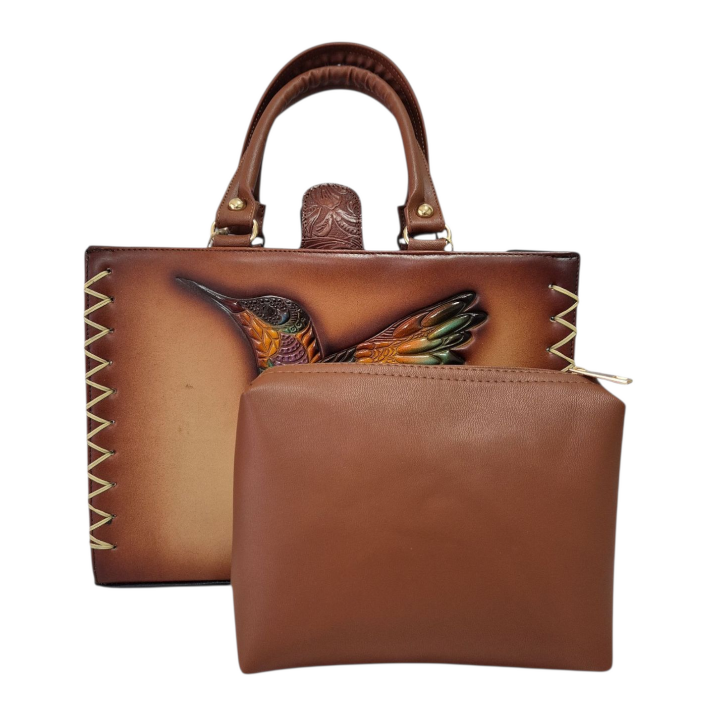 Bolsa artesanal de piel con diseño de colibrí multicolor grabado a mano
