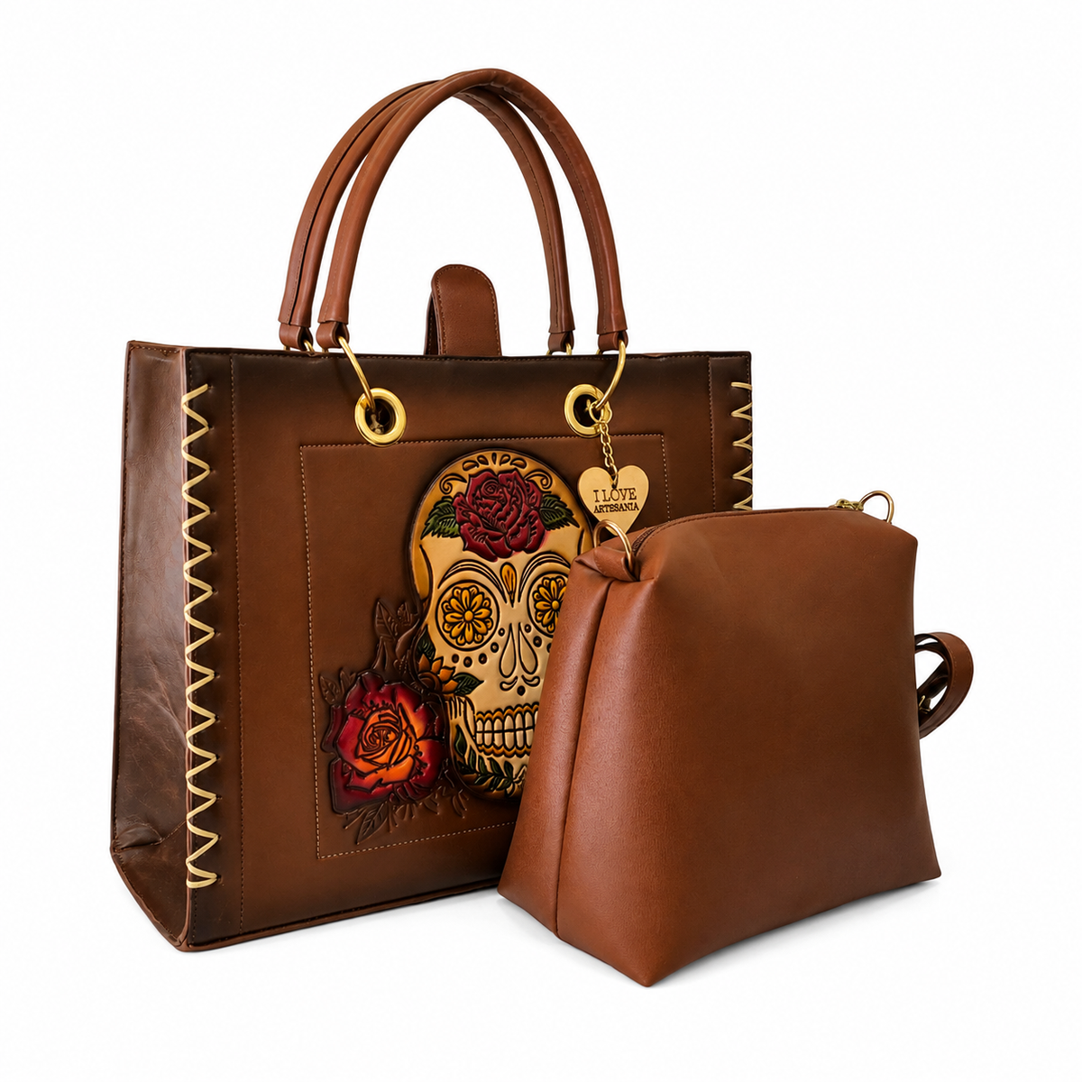 Bolsa Tote Artesanal Mexicano con Catrina en Relieve y Crossbody
