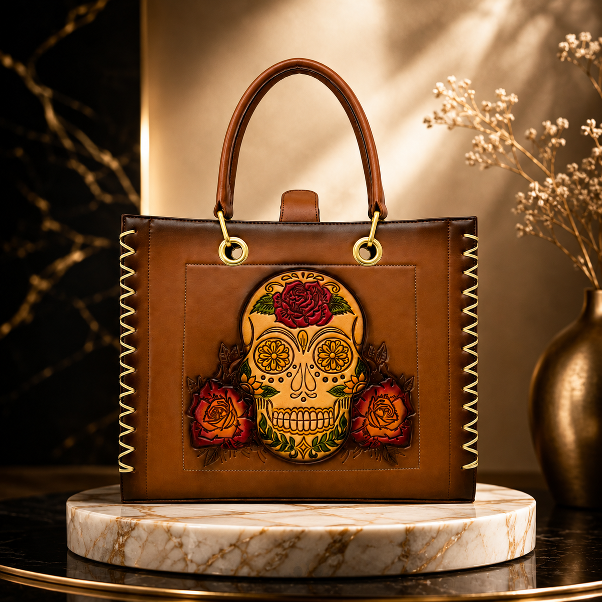 Bolsa Tote Artesanal Mexicano con Catrina en Relieve y Crossbody