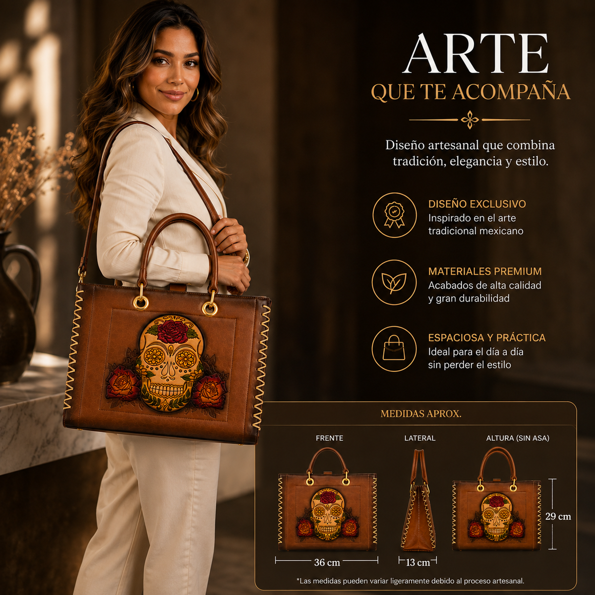 Bolsa Tote Artesanal Mexicano con Catrina en Relieve y Crossbody