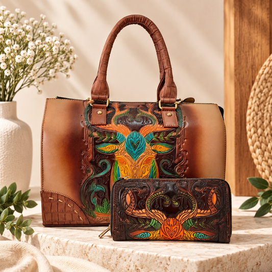 Bolsa Tote Artesanal Mexicana con Venado en Relieve y Cartera