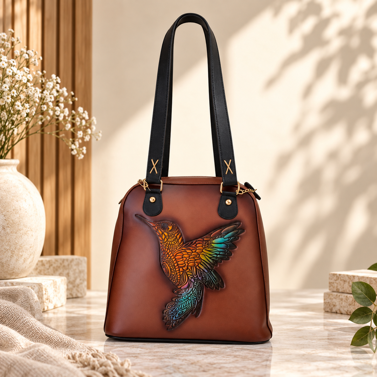 Bolsa Artesanal 2 en 1 Convertible en Mochila con Colibrí Multicolor en Relieve