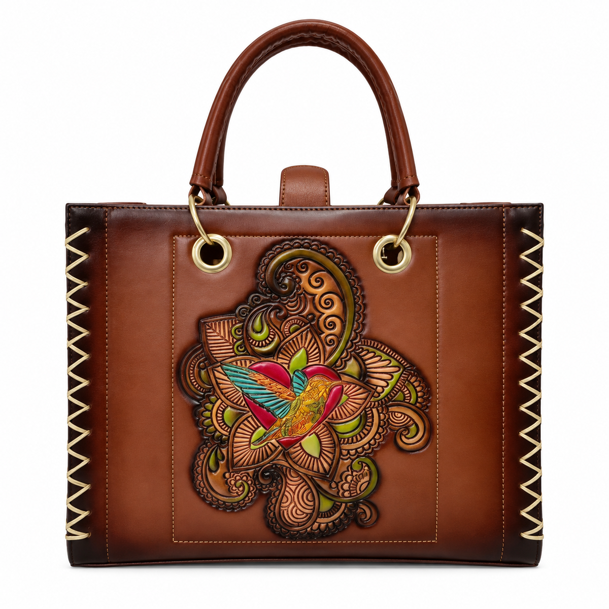 Bolsa Tote Mujer Café Artesanal Con Diseño en Relieve Colibrí Incluye Bolsa Interior