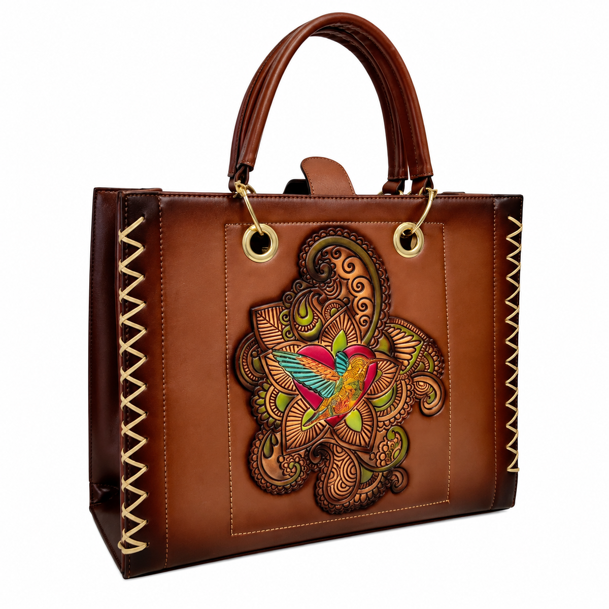 Bolsa Tote Mujer Café Artesanal Con Diseño en Relieve Colibrí Incluye Bolsa Interior