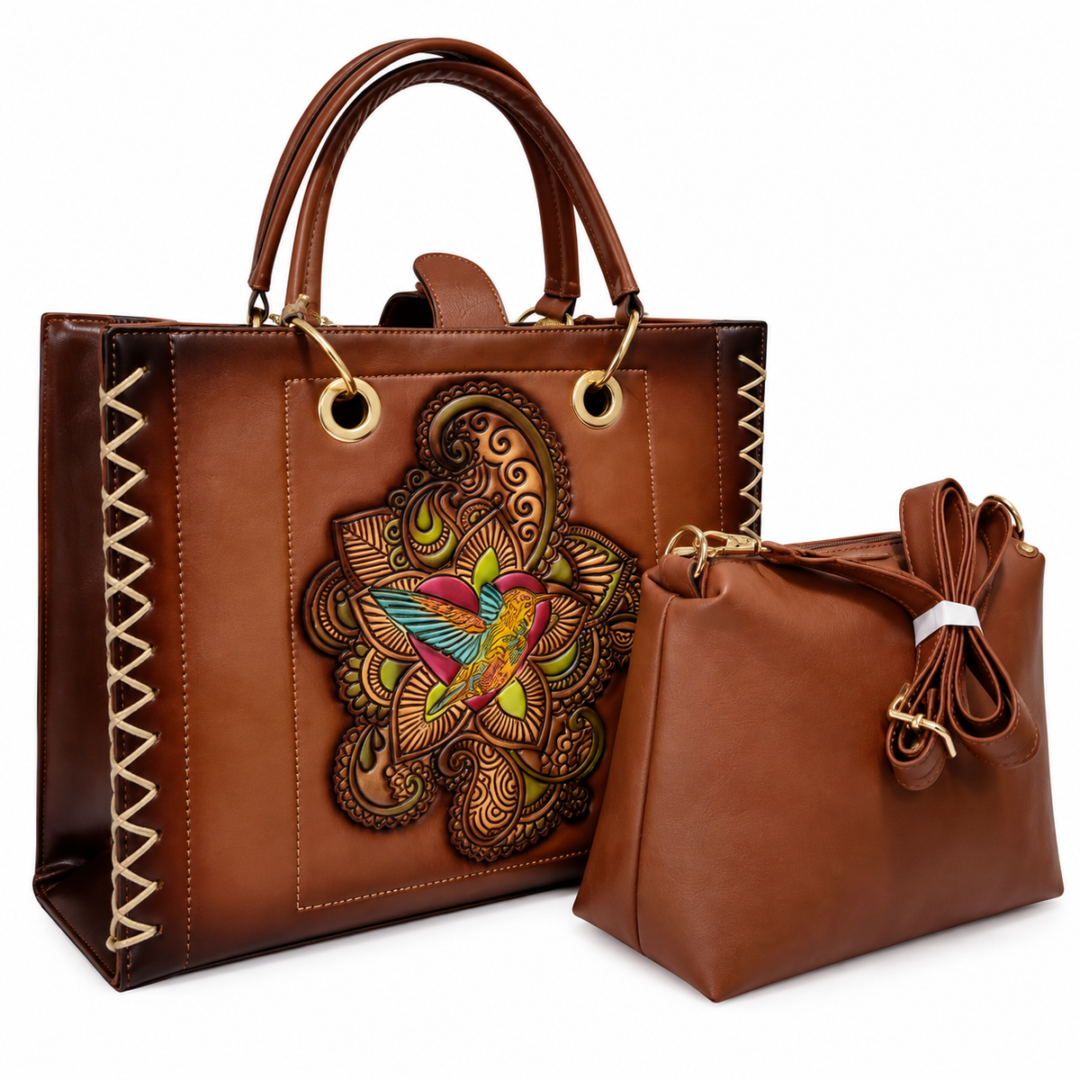 Bolsa Tote Mujer Café Artesanal Con Diseño en Relieve Colibrí Incluye Bolsa Interior