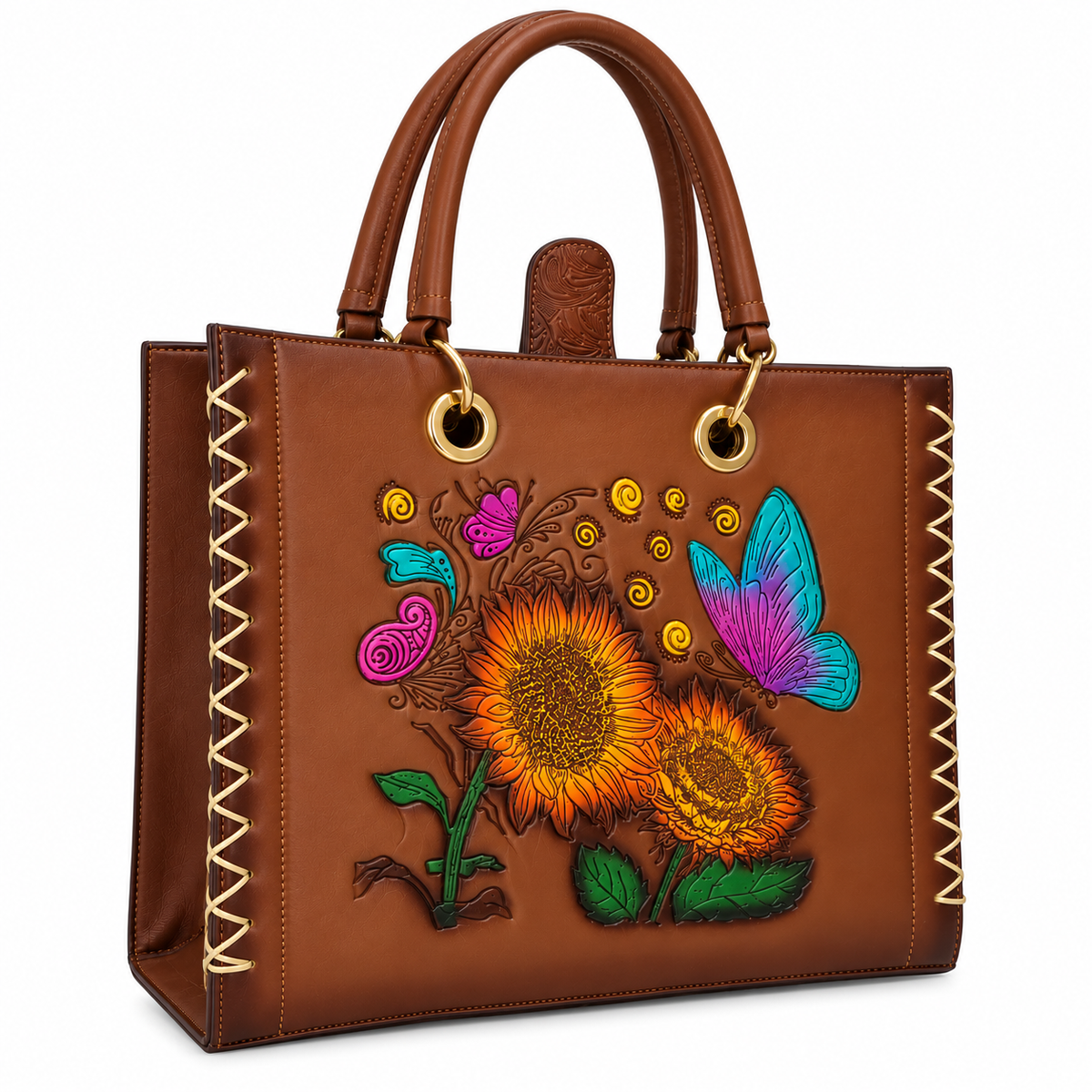 Handmade brown bag with sunflowers and multi-colored embossed butterfly with cosmetic bag