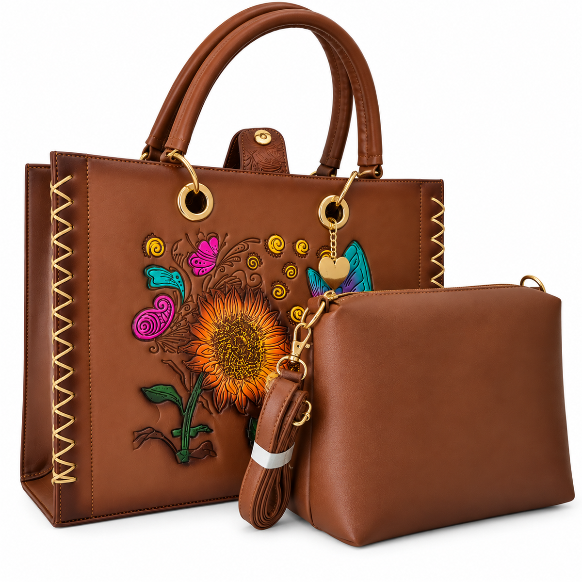 Handmade brown bag with sunflowers and multi-colored embossed butterfly with cosmetic bag