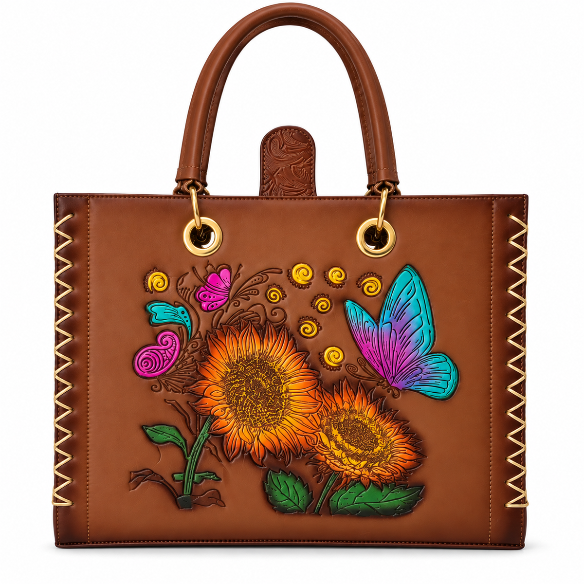 Handmade brown bag with sunflowers and multi-colored embossed butterfly with cosmetic bag