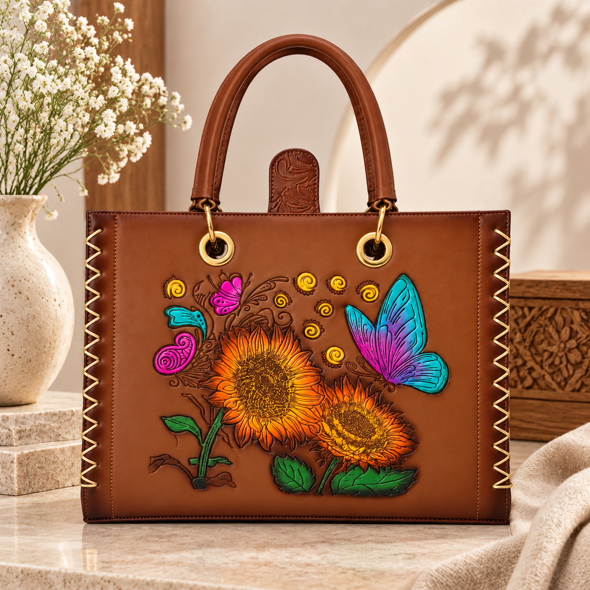 Handmade brown bag with sunflowers and multi-colored embossed butterfly with cosmetic bag